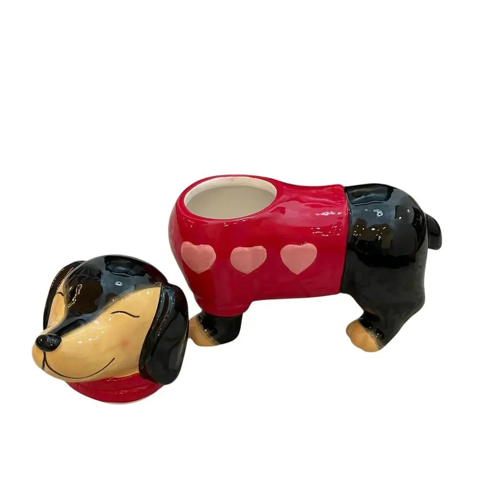 NEW Valentine's Dog Dachshund Cookie Jar Red Sweater Pink Hearts Hand Painted